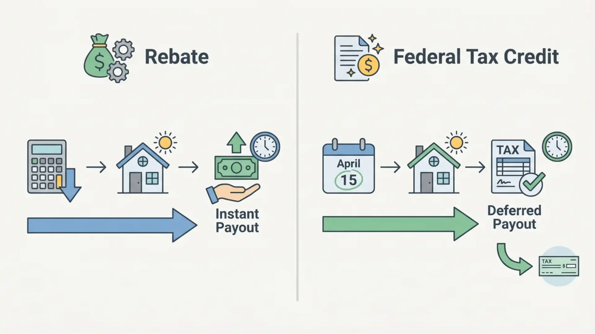 Side-by-side diagram comparing solar rebate and federal tax credit payouts