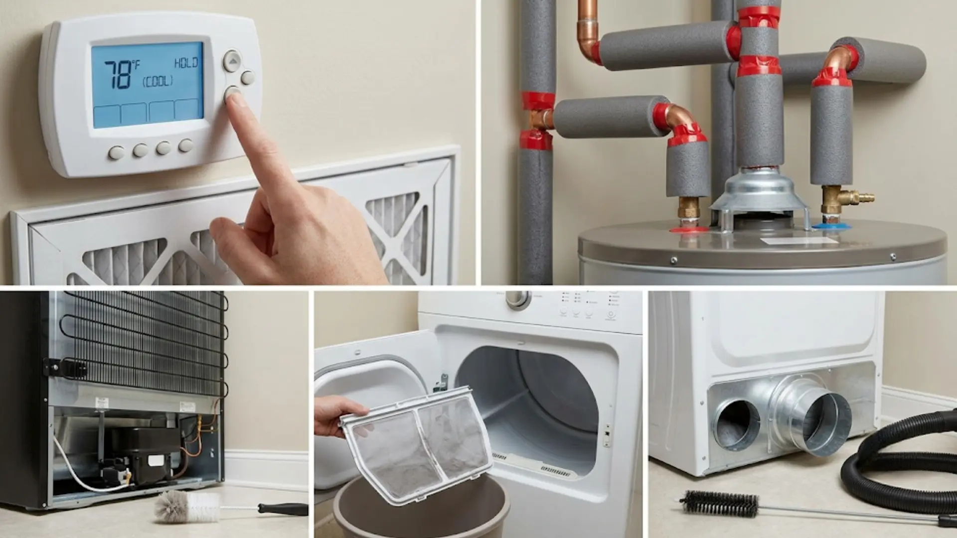 home appliance maintenance, including thermostat adjustments, pipe insulation, coil cleaning, and cleaning a dryer's lint trap and vent