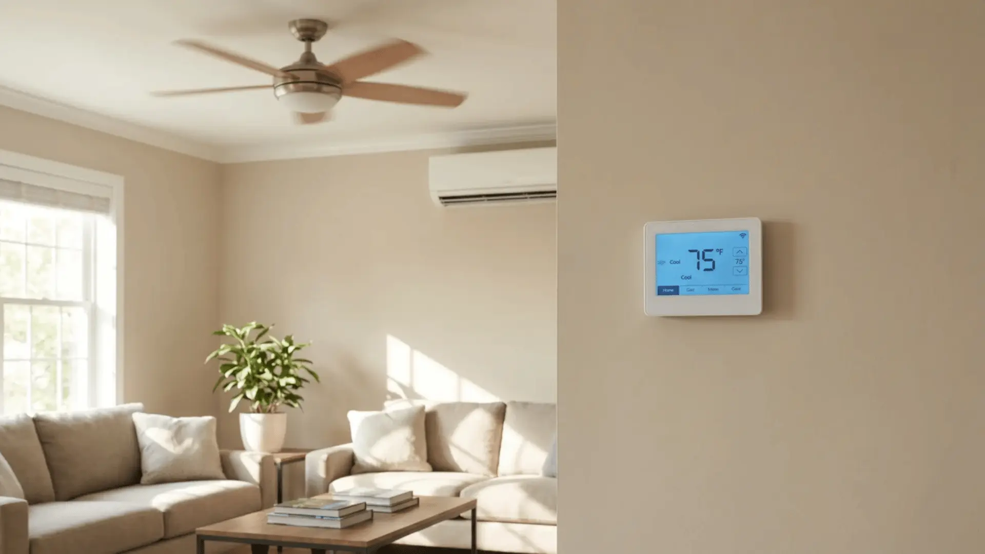 split screen showing a living room with a ceiling fan and AC unit, alongside a digital thermostat displaying