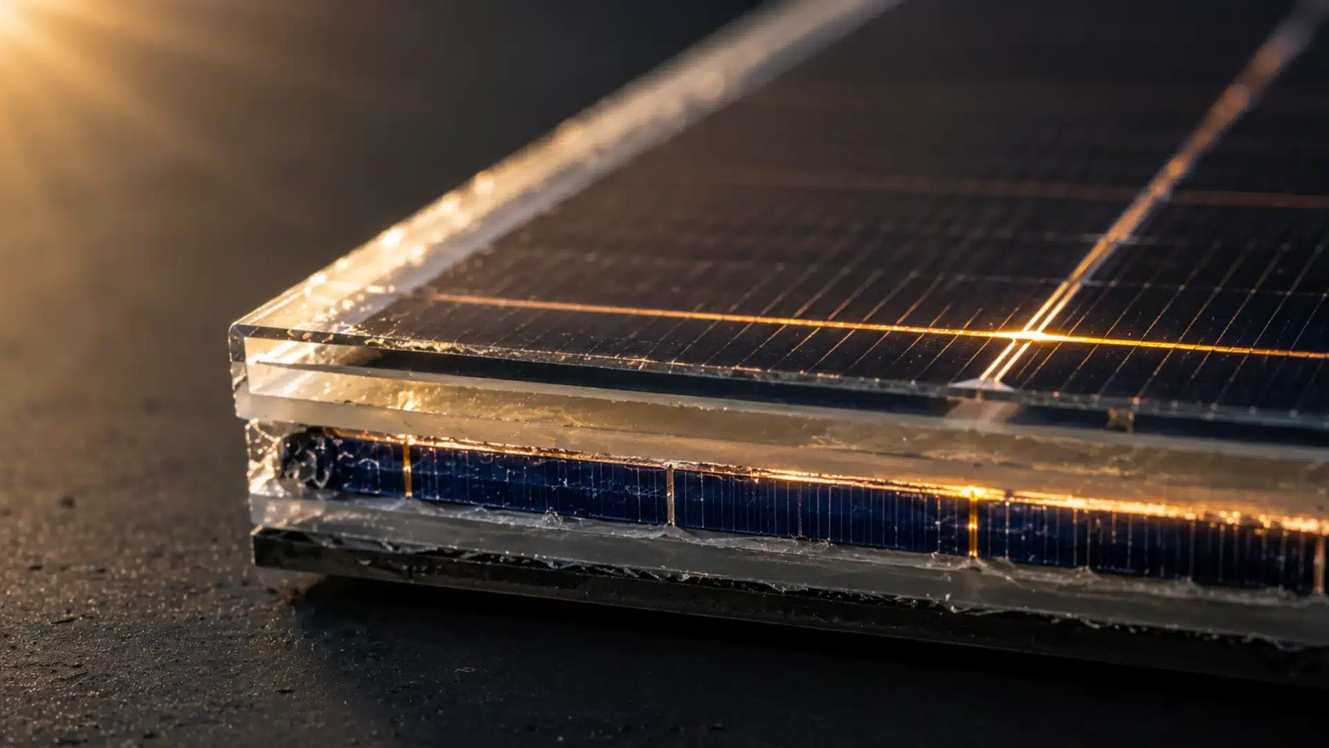 Realistic cross-section of a solar panel showing internal layers and electrons generating current