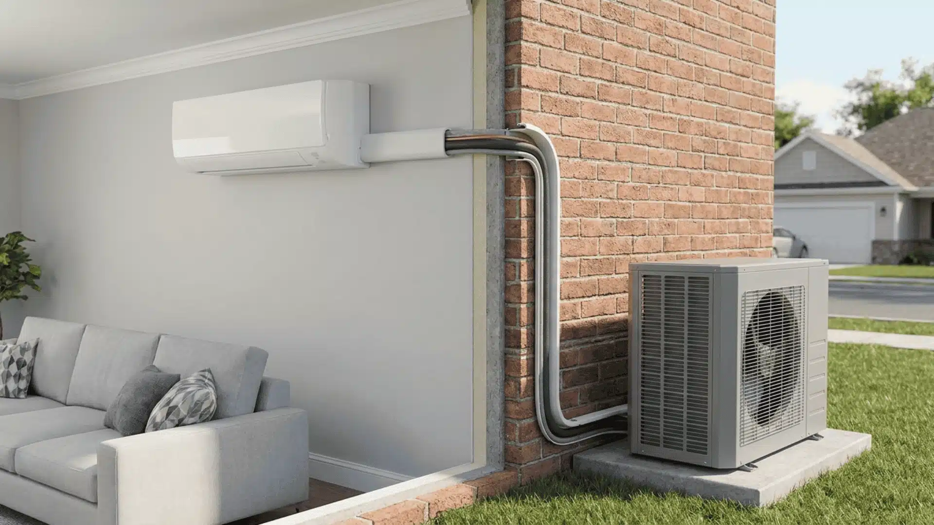 Ductless mini split HVAC system with indoor wall unit and outdoor compressor installed on a home exterior