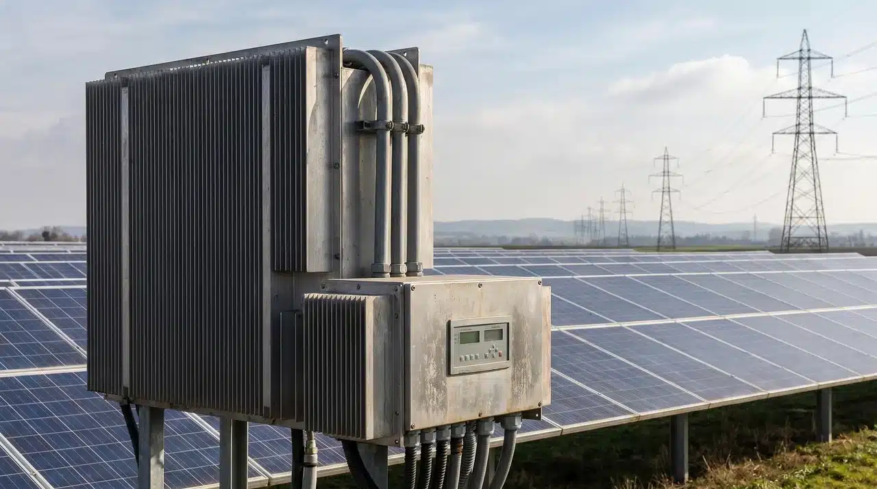 Solar farm inverter equipment converting DC electricity to AC power with transmission lines in the background