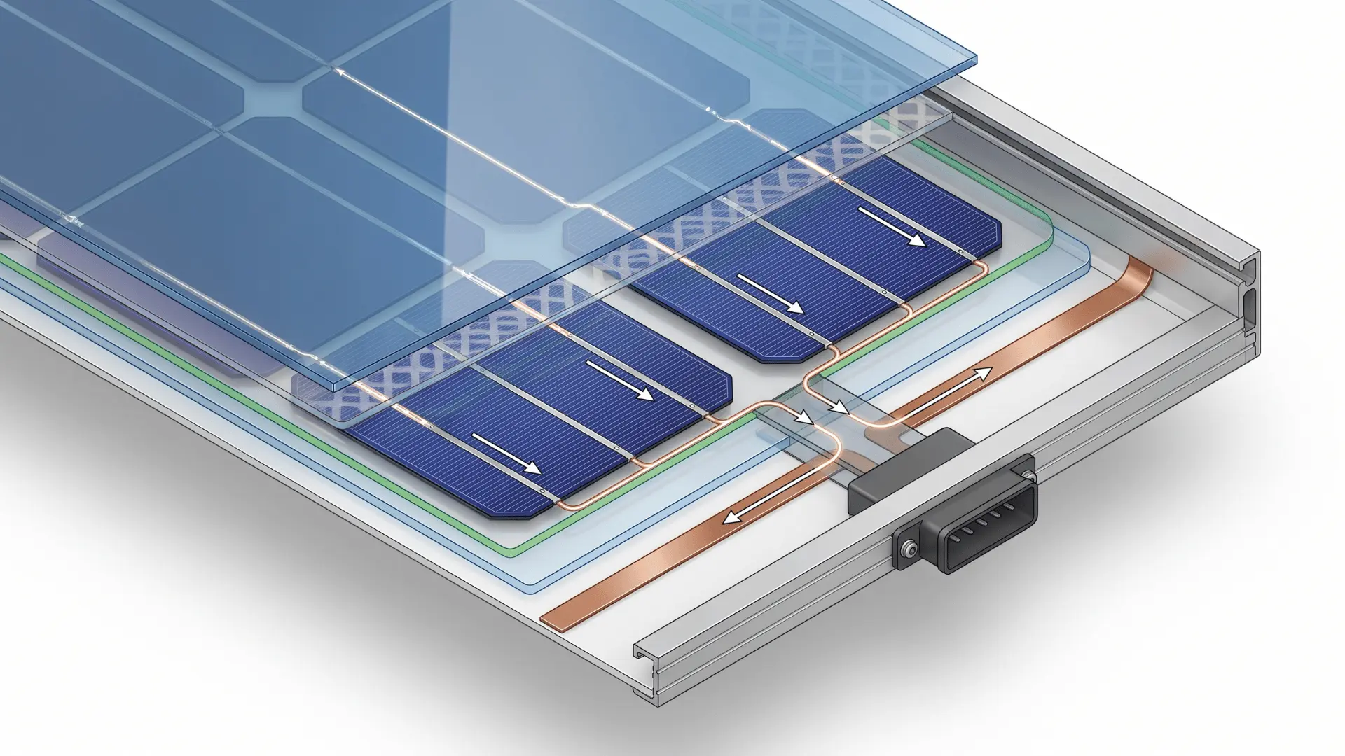 Cutaway visualization of solar panel internal structure showing split-cell design and energy flow