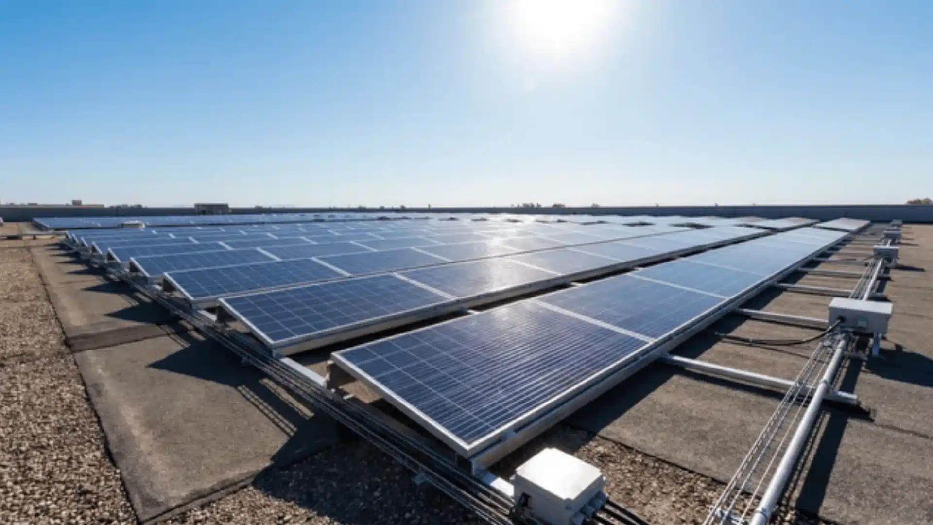 solar panels mounted on rooftop under direct sunlight on hot surface