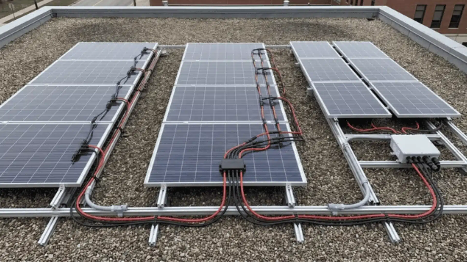 rooftop solar panels connected with different cable wiring layouts showing series parallel and combined configurations