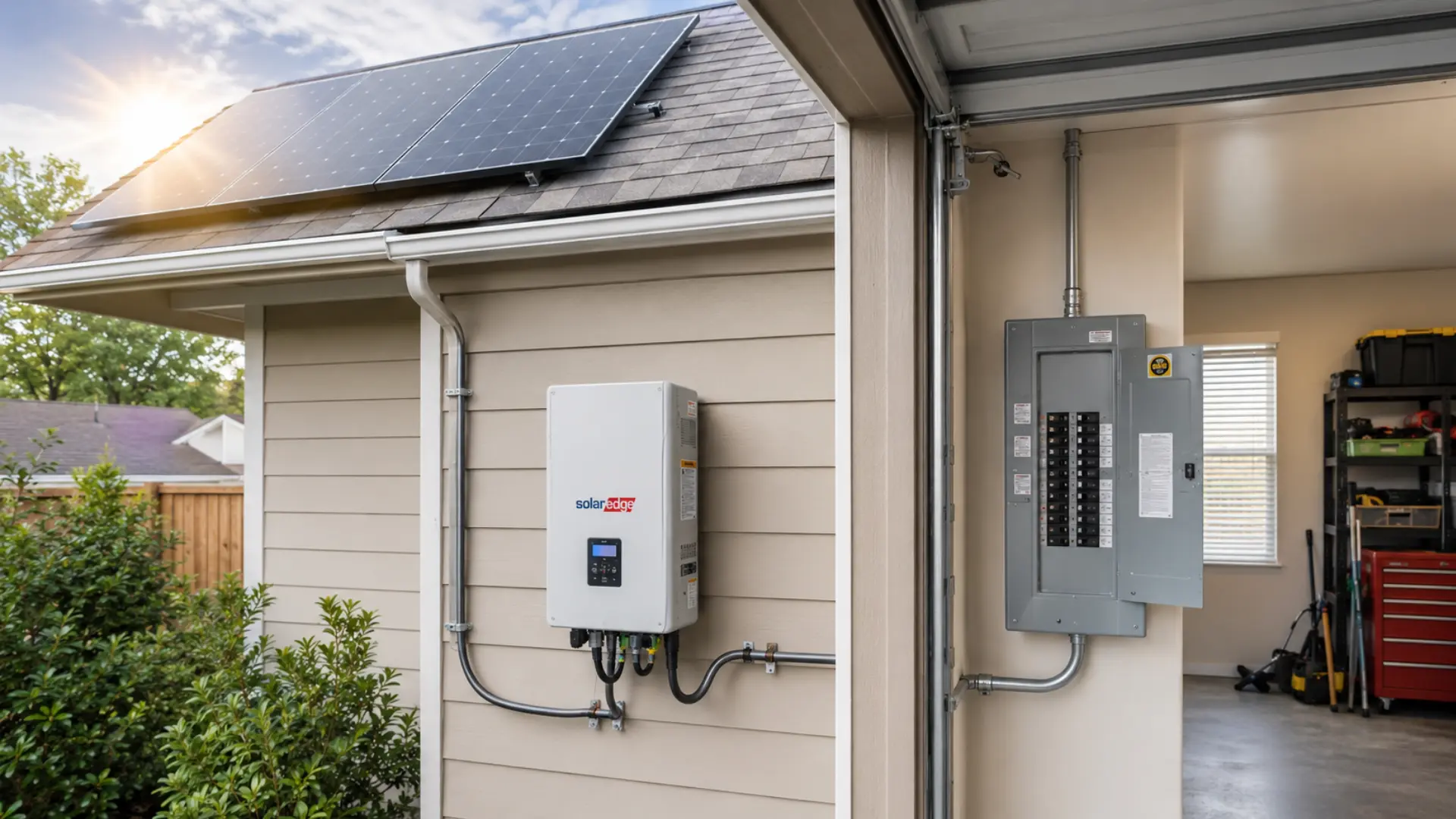 Solar panel wiring shown connecting to inverter and home electrical panel in a garage setup