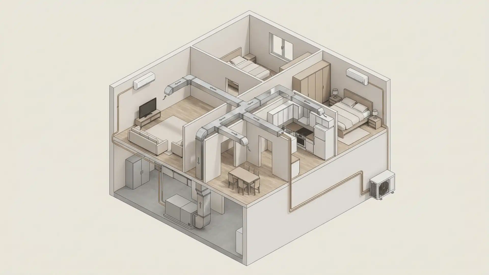 Cutaway home showing ducts and mini-split refrigerant lines