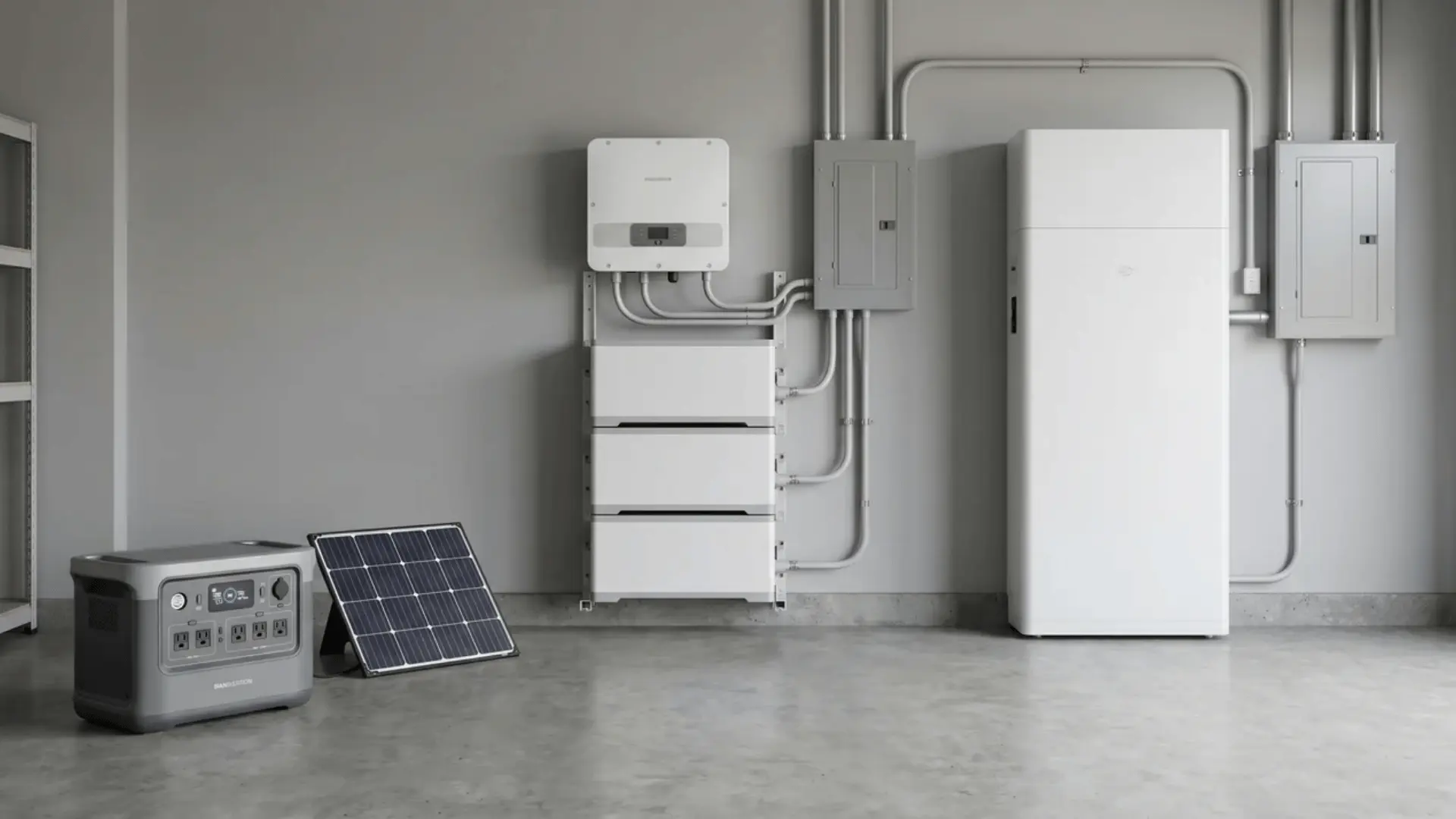 three solar battery systems shown side by side in a home utility setup