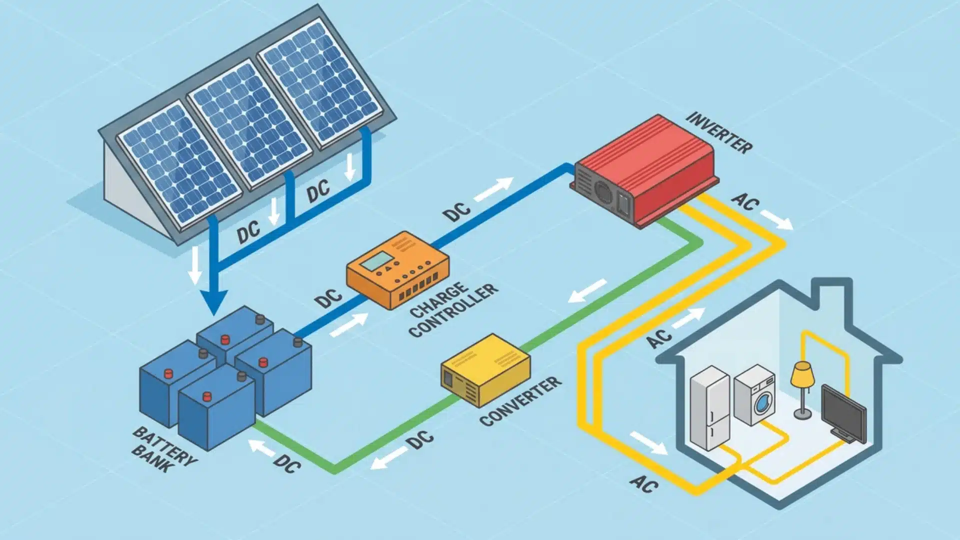 solar system diagram showing panels, battery, inverter, converter, and household load flow