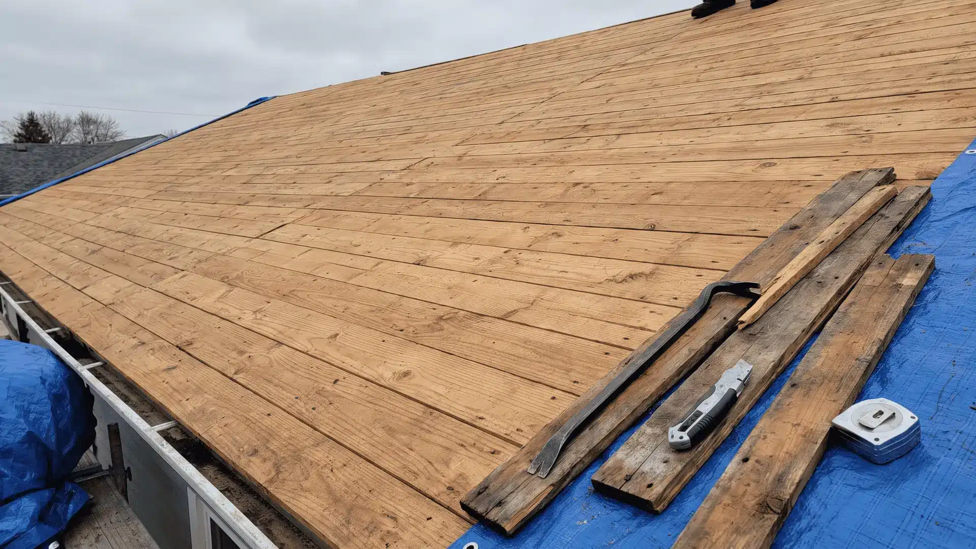 Exposed roof deck prepared and inspected before solar shingles are installed