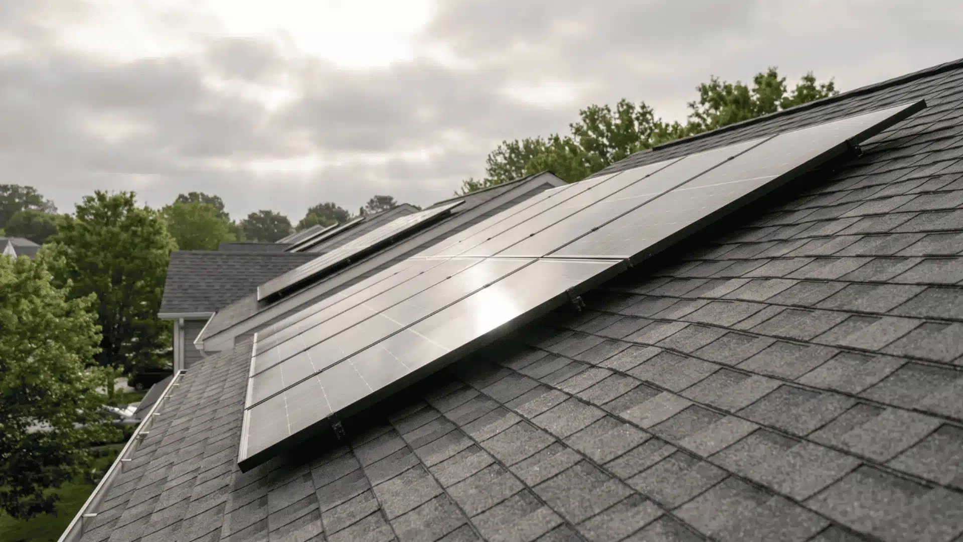 Wide angled solar panels on roof reflecting sunlight with trees and cloudy suburban sky