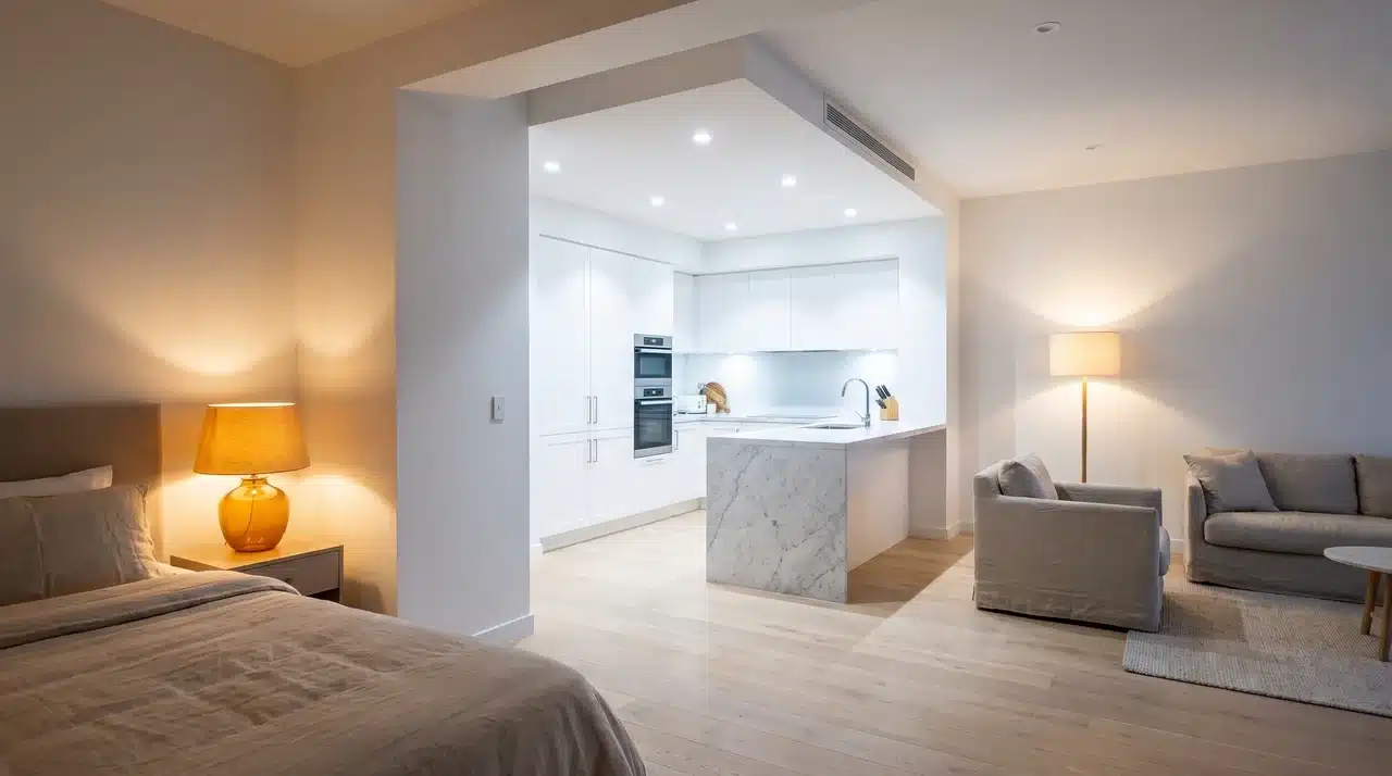 Wide interior shot showing three home zones in one frame with contrasting lighting levels from soft bedroom amber to bright kitchen white to warm living room glow.