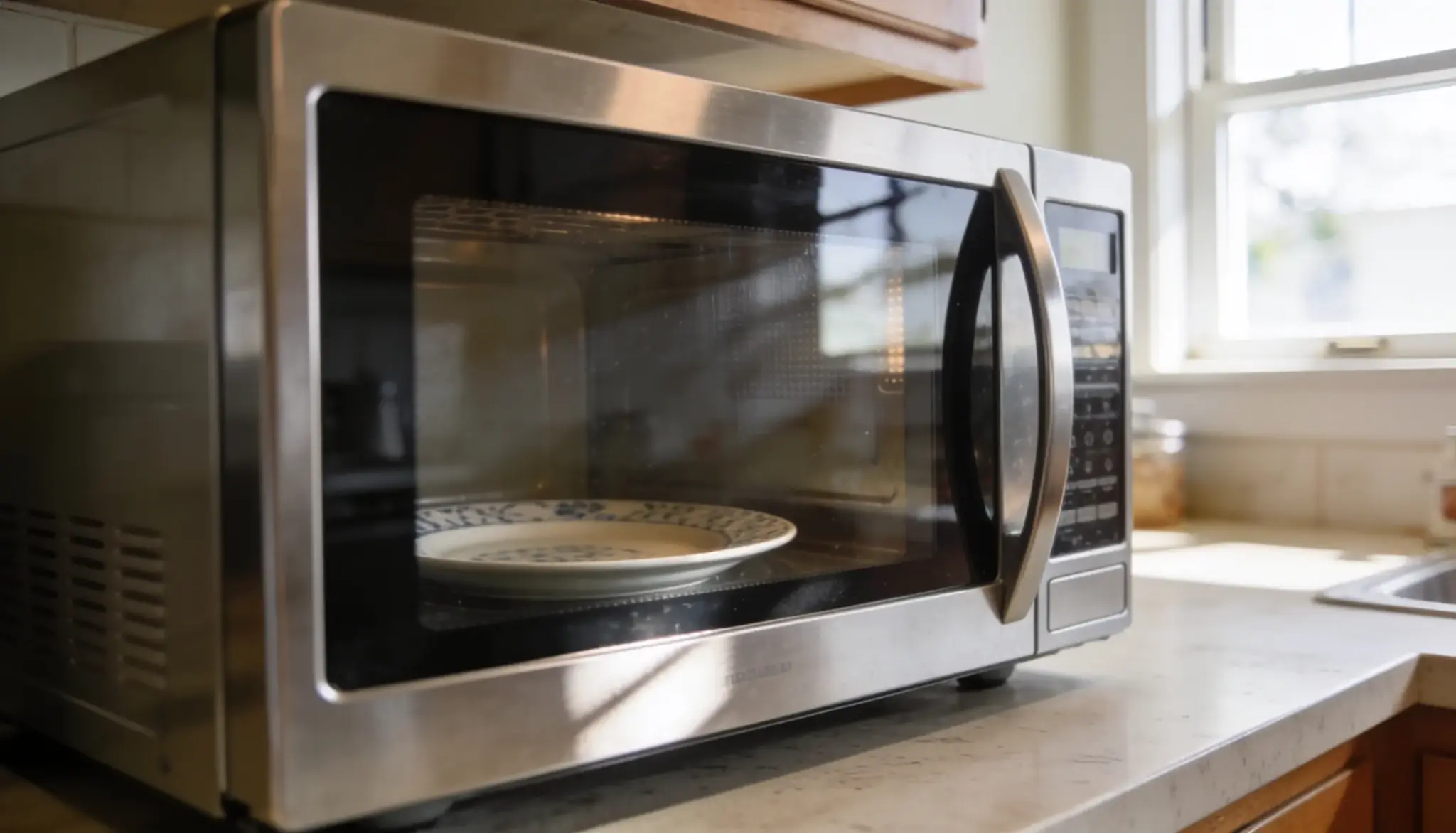 a microwave in a home kitchen, showing a typical household appliance used for cooking and reheating food
