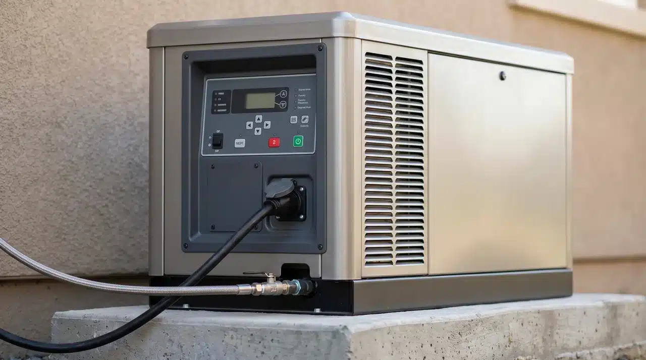 Standby generator control panel, ventilation grille, and fuel line connection on a concrete pad mount