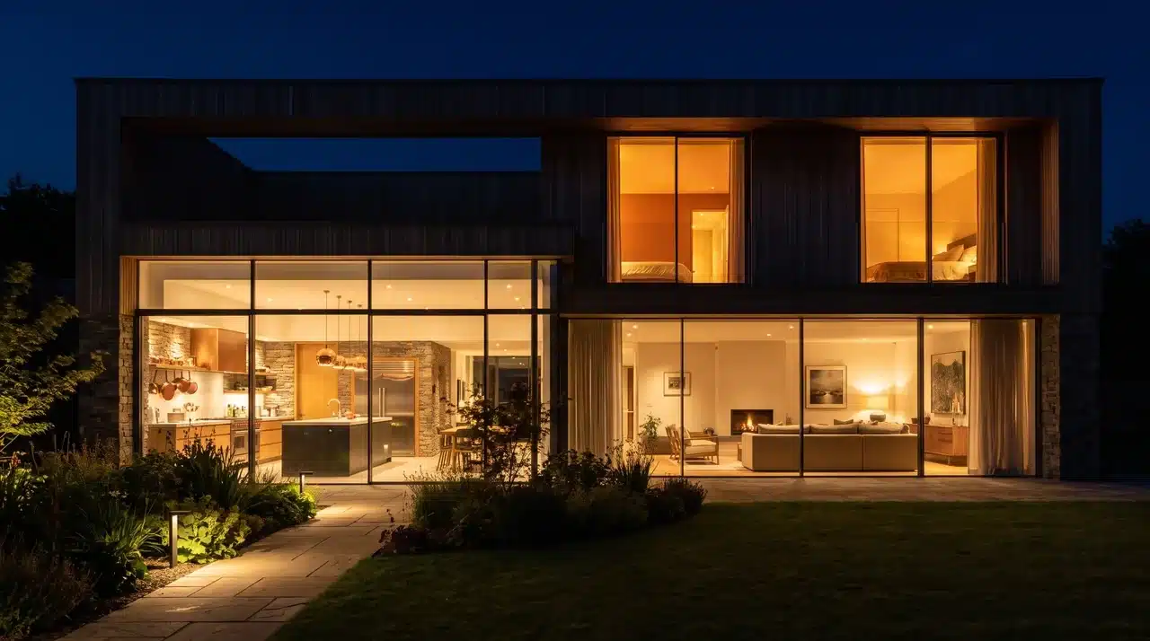 Wide exterior night shot of a two storey open plan home with every room glowing warm through floor to ceiling windows against a deep navy sky.