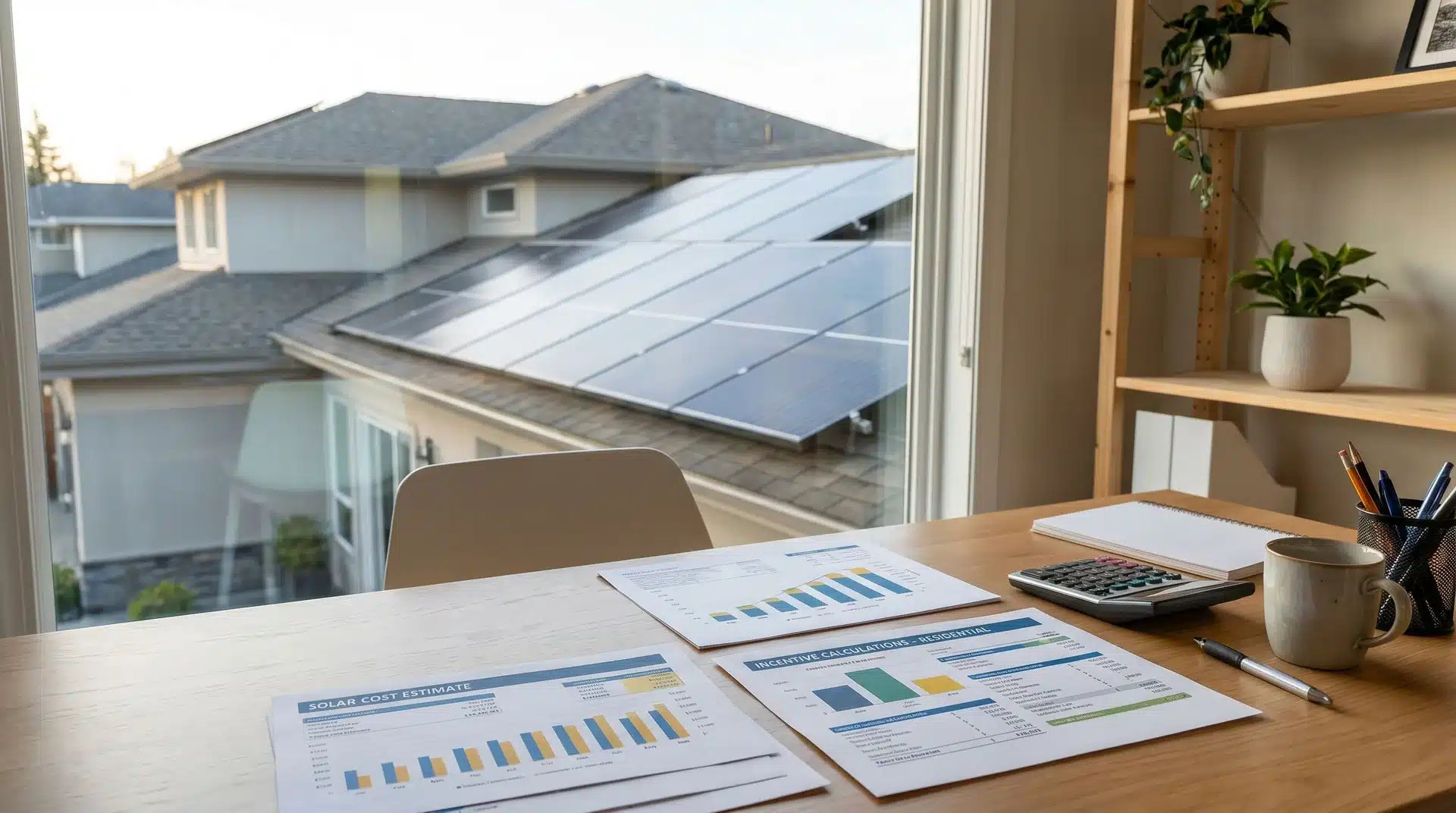 Solar cost estimate papers on a table with rooftop panels visible outside