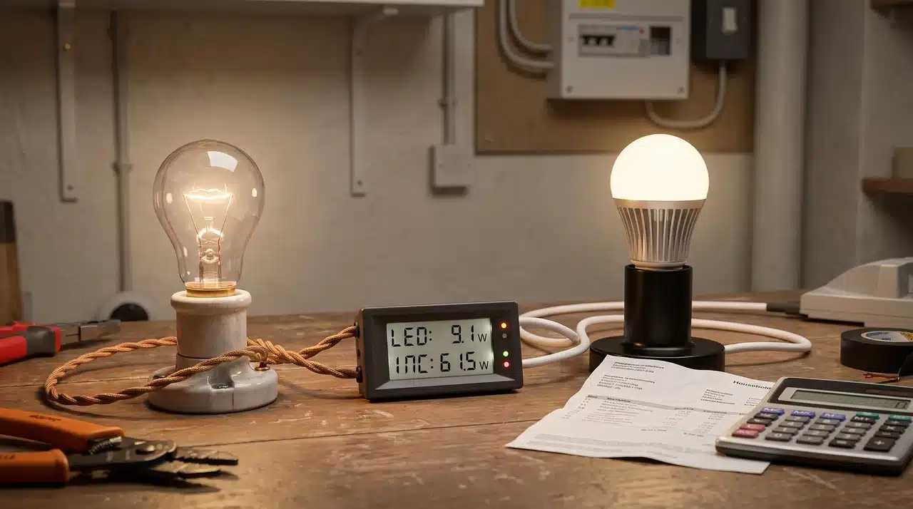 Connected LED and incandescent bulbs with wires beside an electricity meter showing energy use comparison.