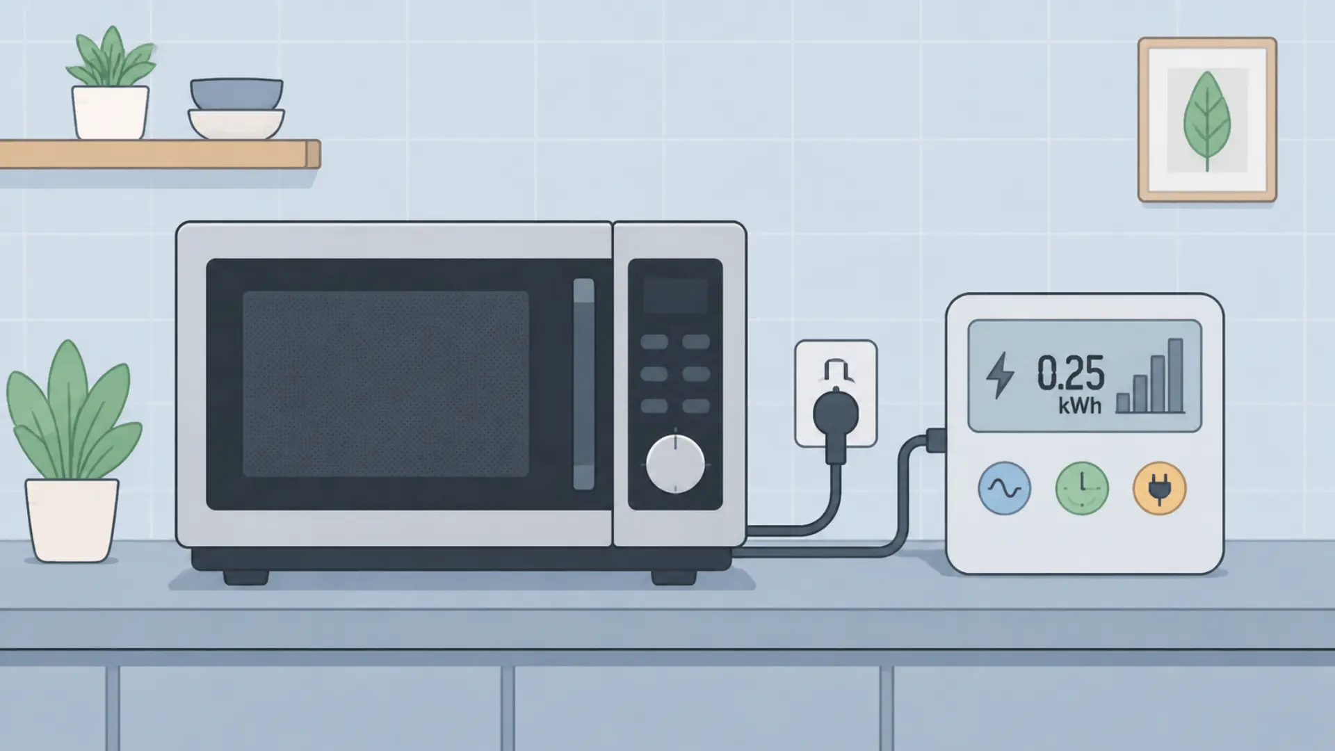 microwave on kitchen counter connected to energy meter display showing electricity usage in kWh with plug and cable connection
