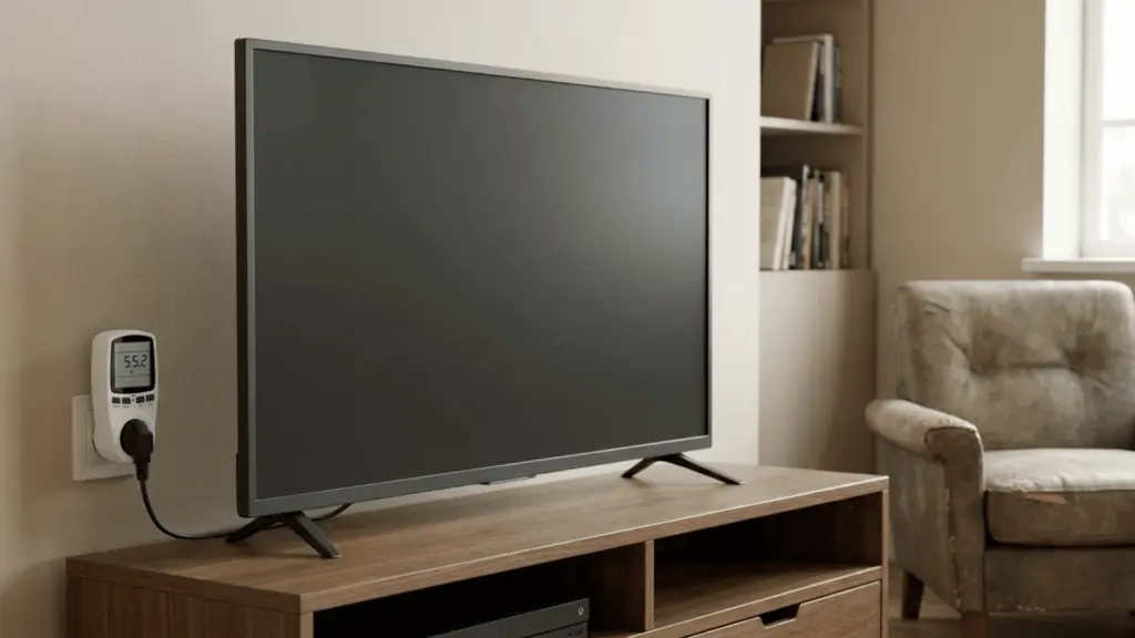 television connected to power meter measuring electricity usage in a home setup