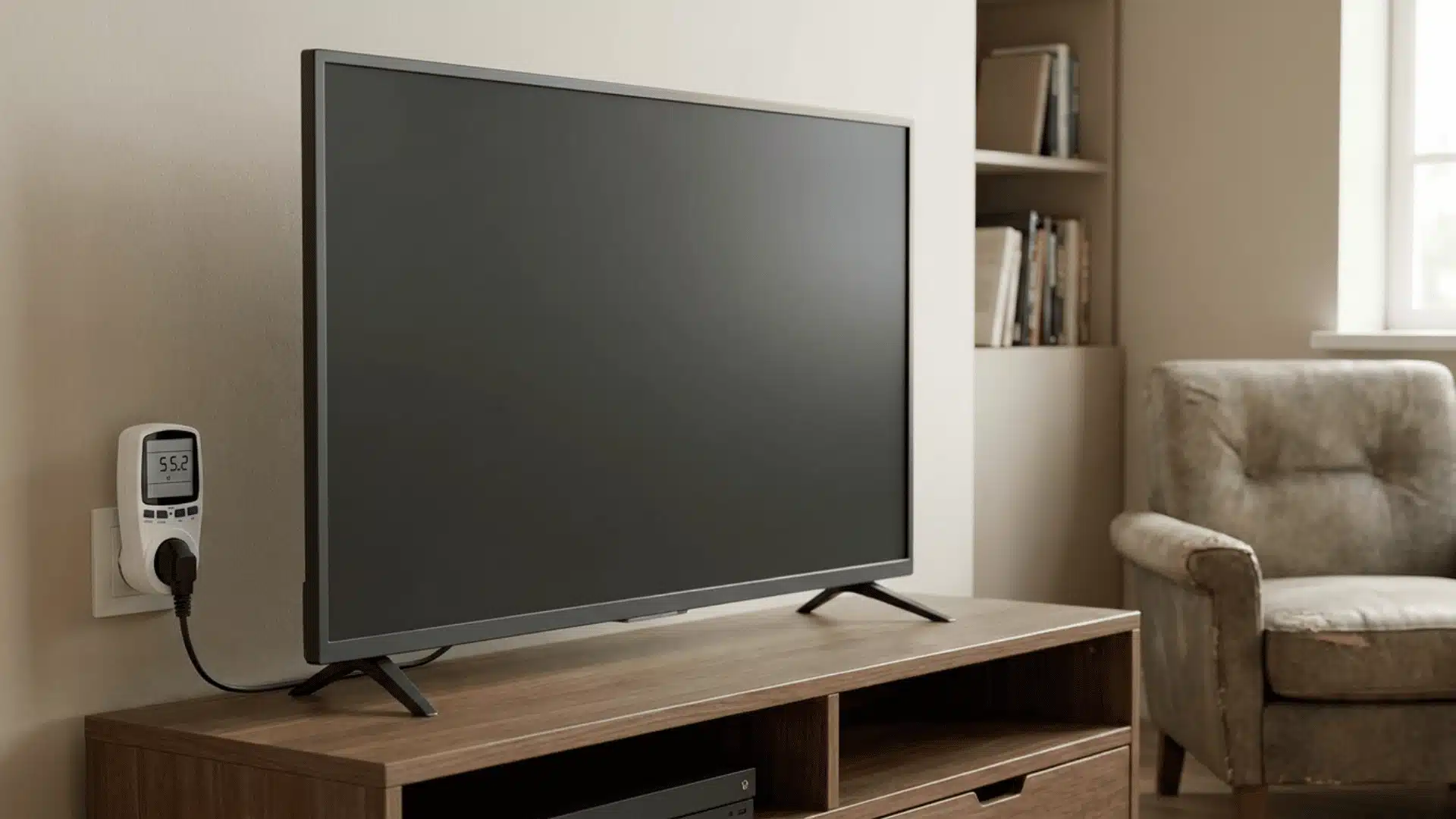 television connected to power meter measuring electricity usage in a home setup