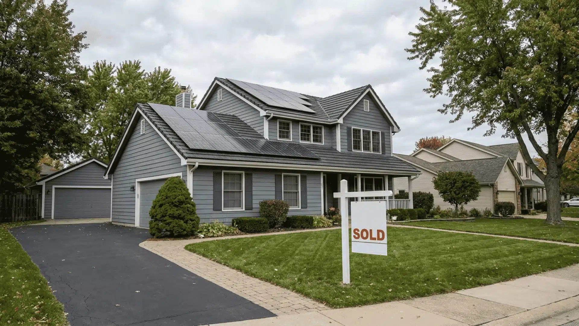 Single-family home with rooftop solar panels and a sold sign posted in the front yard