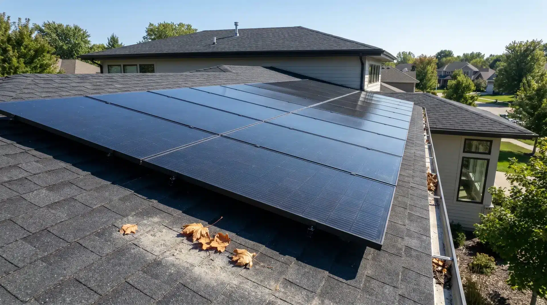 Clean rooftop solar panels in sunlight, illustrating routine maintenance and optimal energy production.
