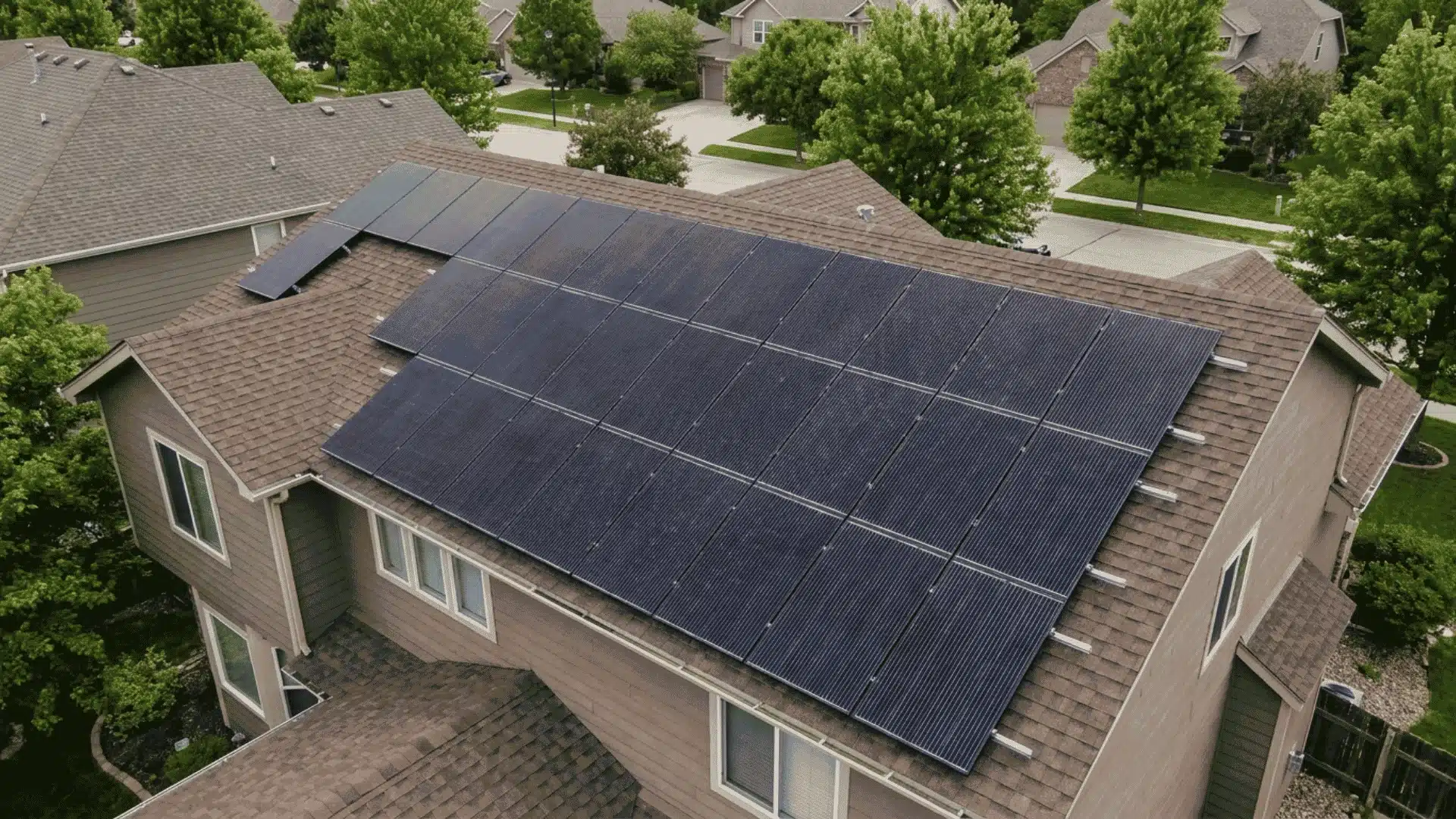 : Suburban roof with solar panels installed to show total system layout and spacing