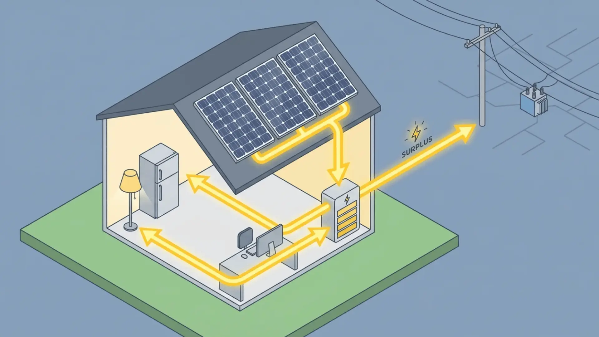 Isometric diagram of solar panel energy flow into a house with surplus arrow pointing to grid connection