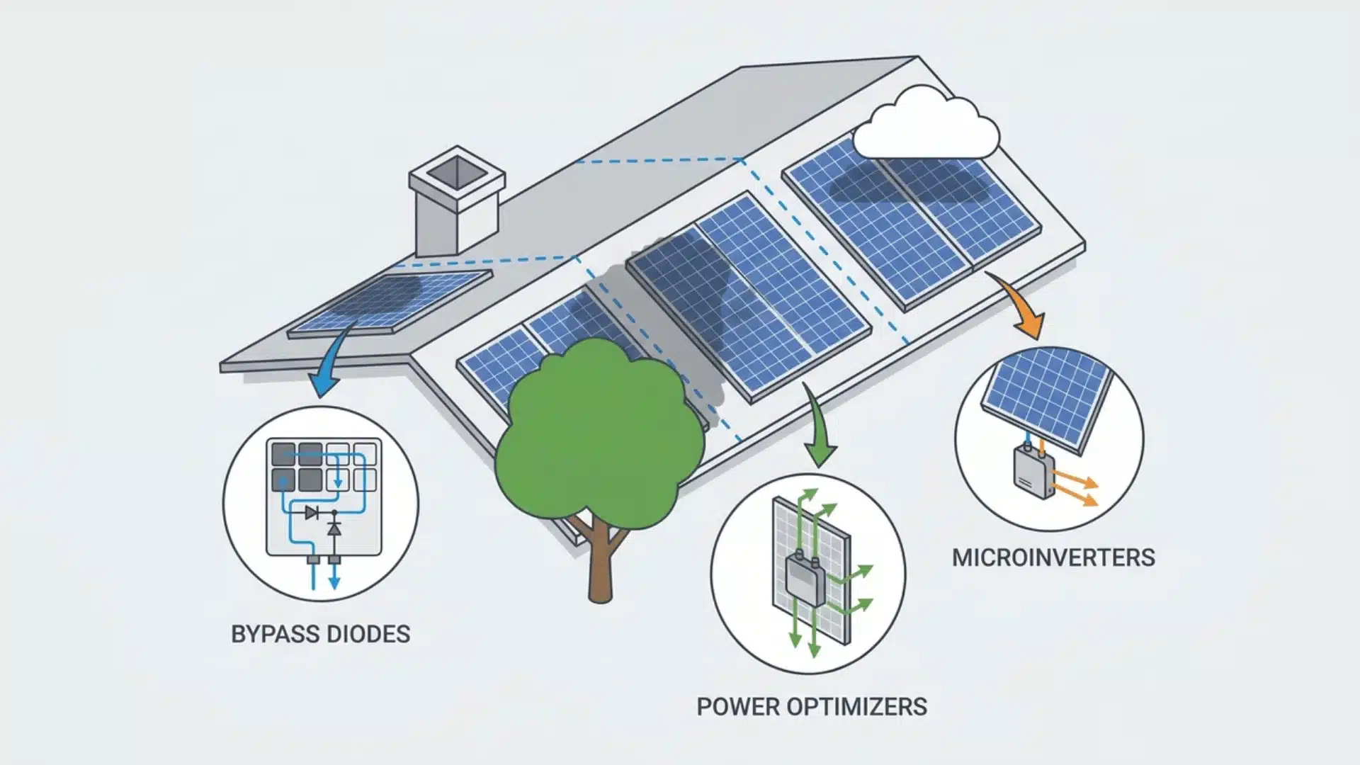 Solar panels on roof showing hardware components that manage shade losses