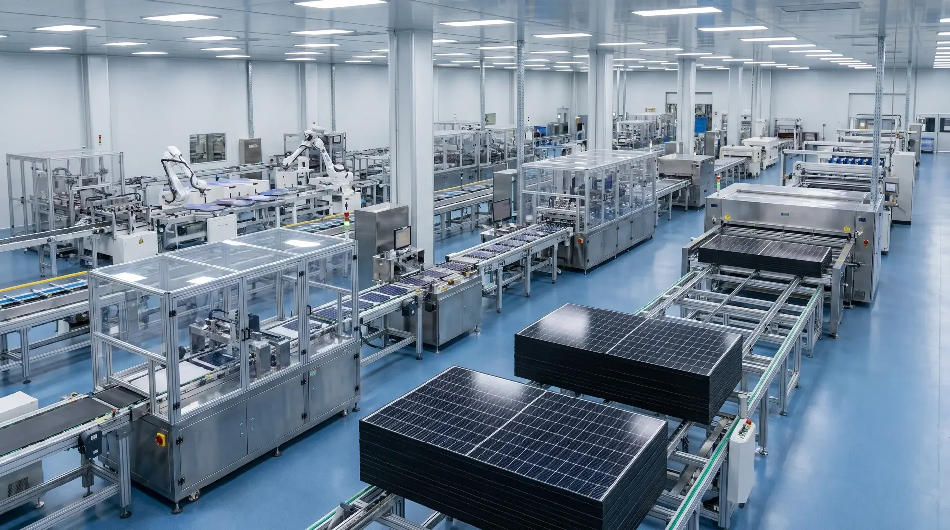 Solar panel manufacturing line showing silicon cells, assembly equipment, and finished solar modules.
