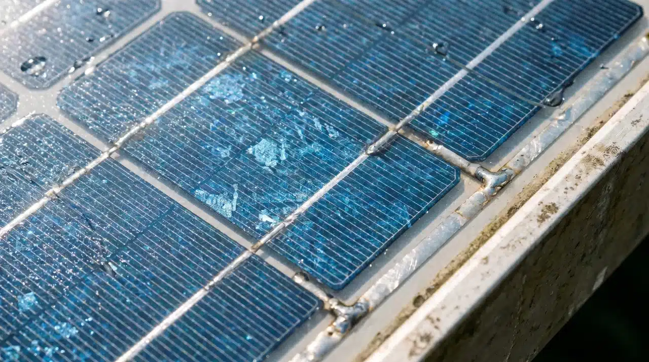 Close up of silicon solar cells inside a photovoltaic solar panel