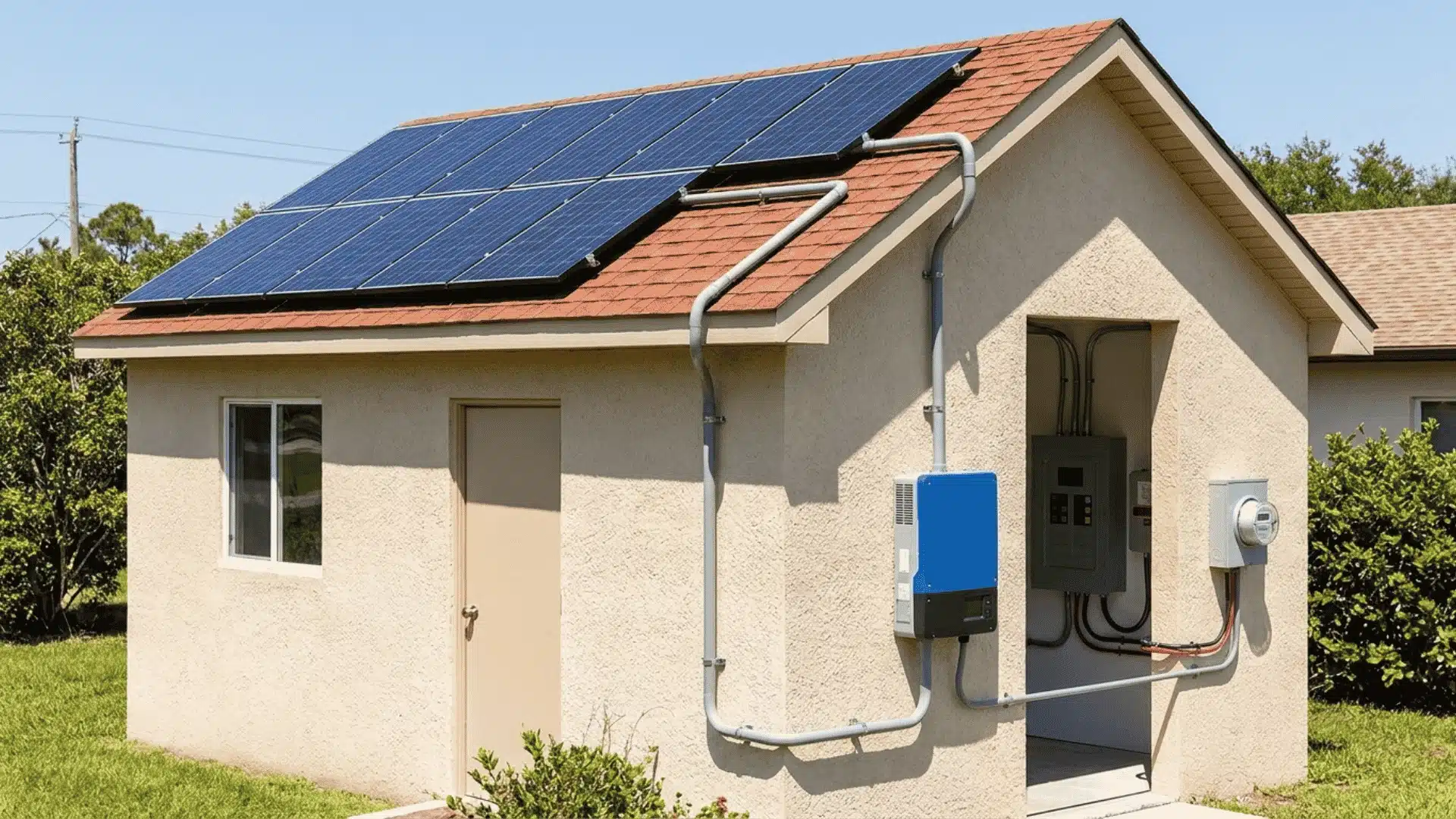 Solar panels on a house roof connected by conduit to a wall-mounted inverter and electrical panel.