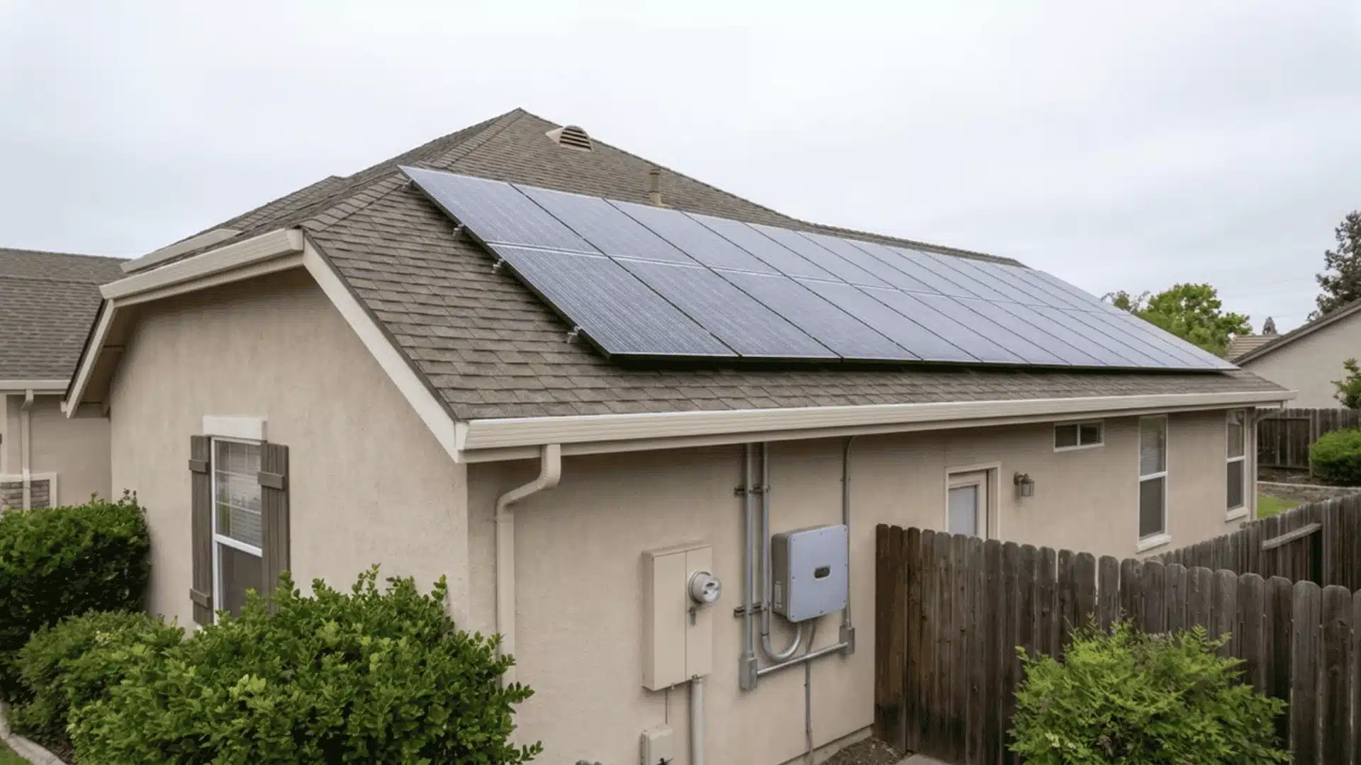 Residential home with a large solar panel array covering the rooftop surface