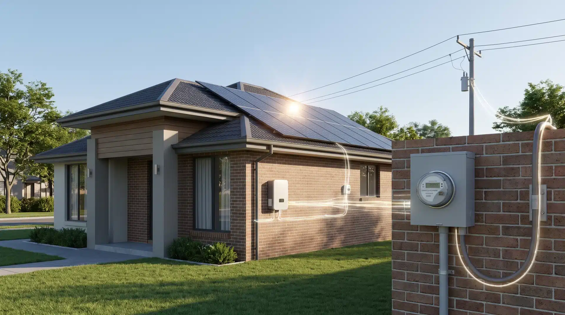 Home with rooftop solar panels and utility meter showing grid-tied solar energy flow