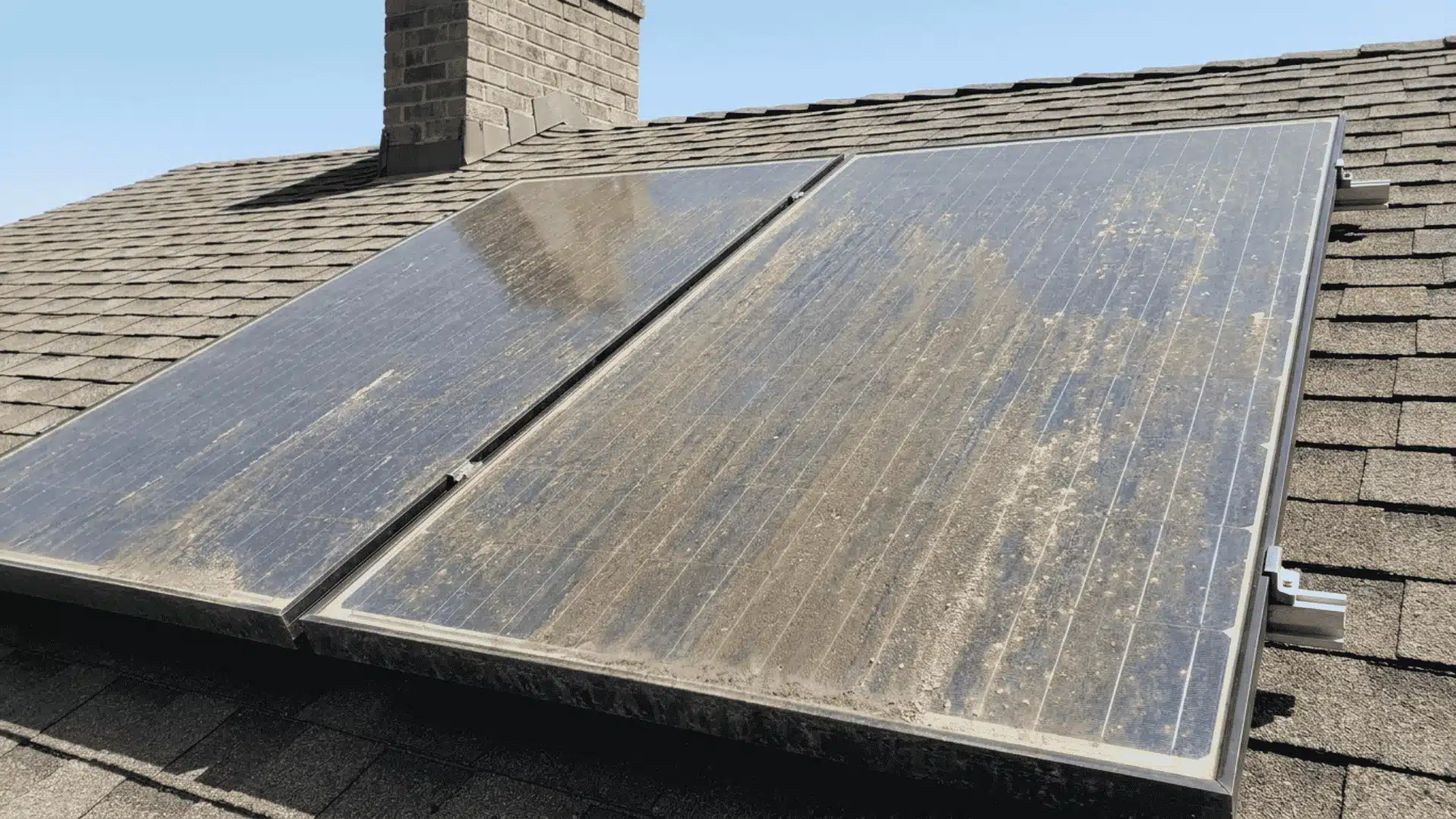 Dust and pollen film visible on solar panels mounted on a residential rooftop.