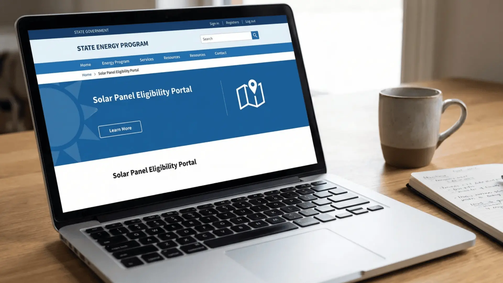 Laptop on desk displaying a state energy website for solar panel program eligibility