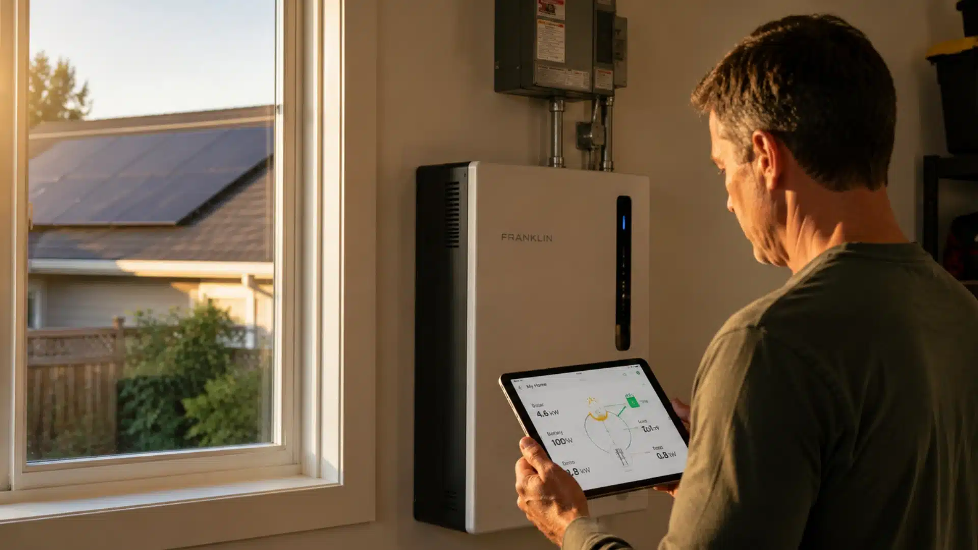 Homeowner reviewing solar battery storage and energy usage app on tablet at home
