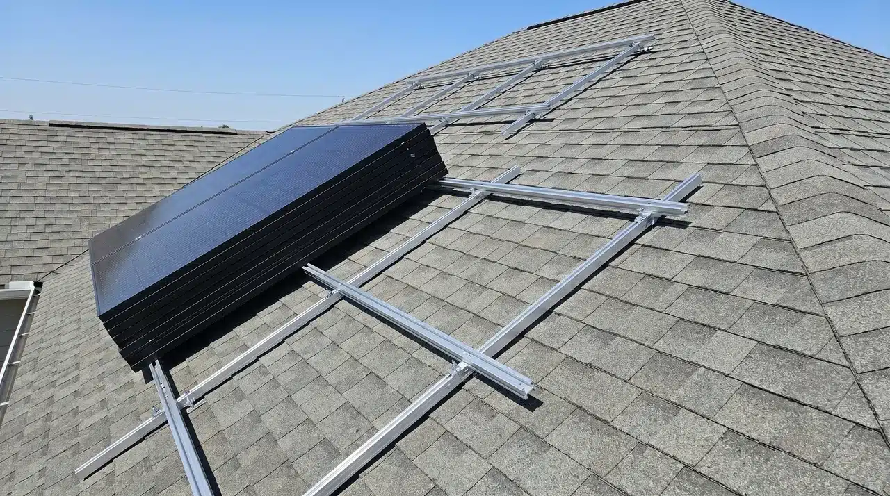 Aluminum mounting rails installed on mid-grey asphalt shingle roof with uninstalled solar panels stacked beside them.