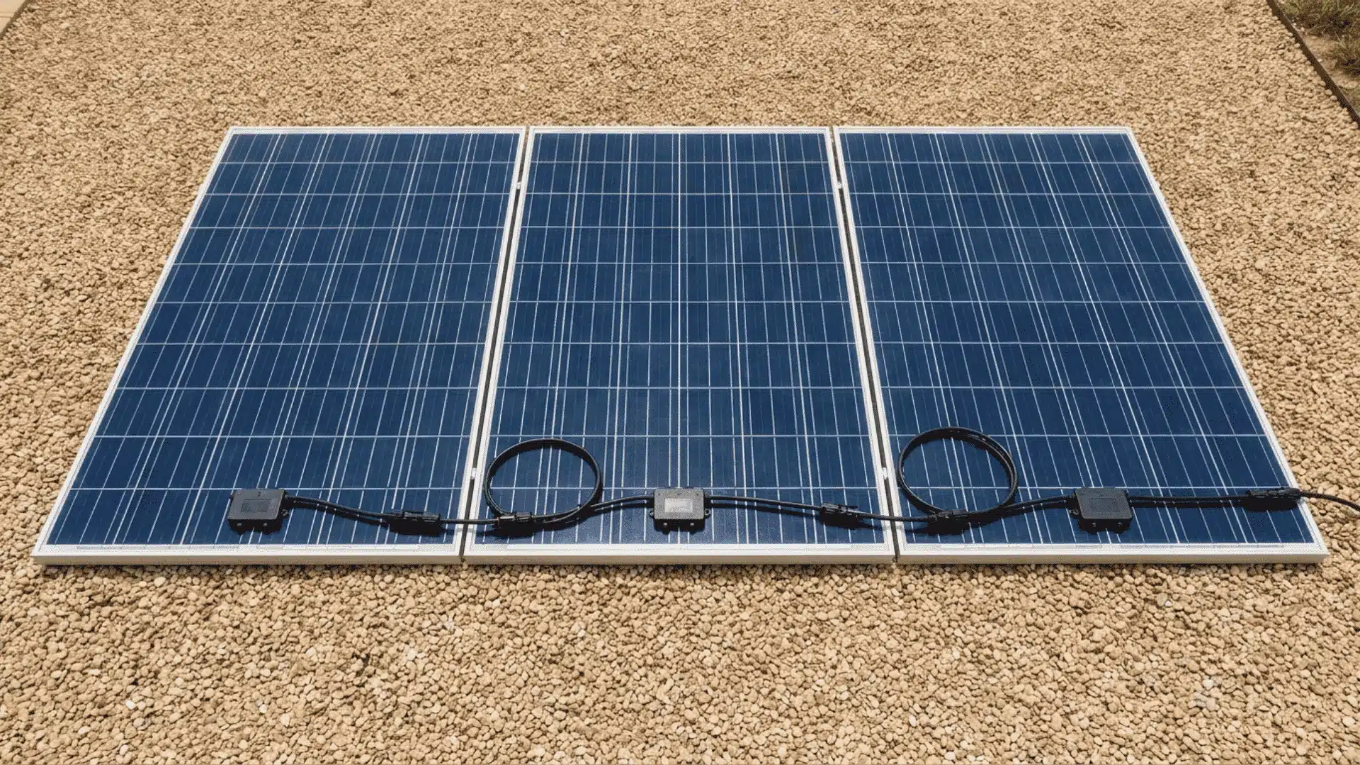 Three solar panels laid flat with MC4 cables running between them showing connection points
