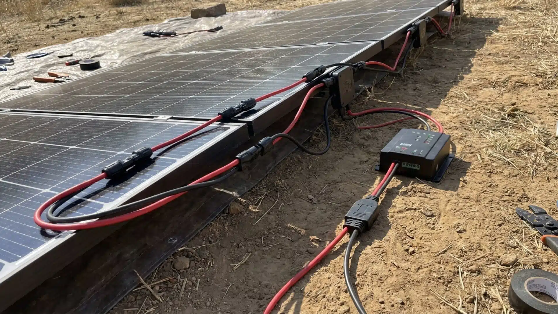 Solar panels connected with MC4 connectors and output leads running to a charge controller setup