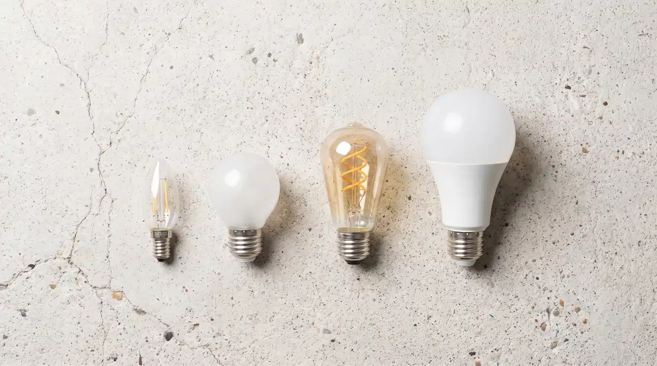 Four LED light bulbs arranged in ascending size order on a pale grey concrete surface photographed from directly overhead in soft studio lighting.