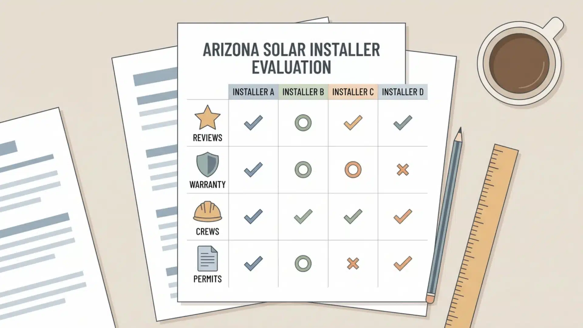 checklist sheet with icons for reviews warranty installation crews and permits