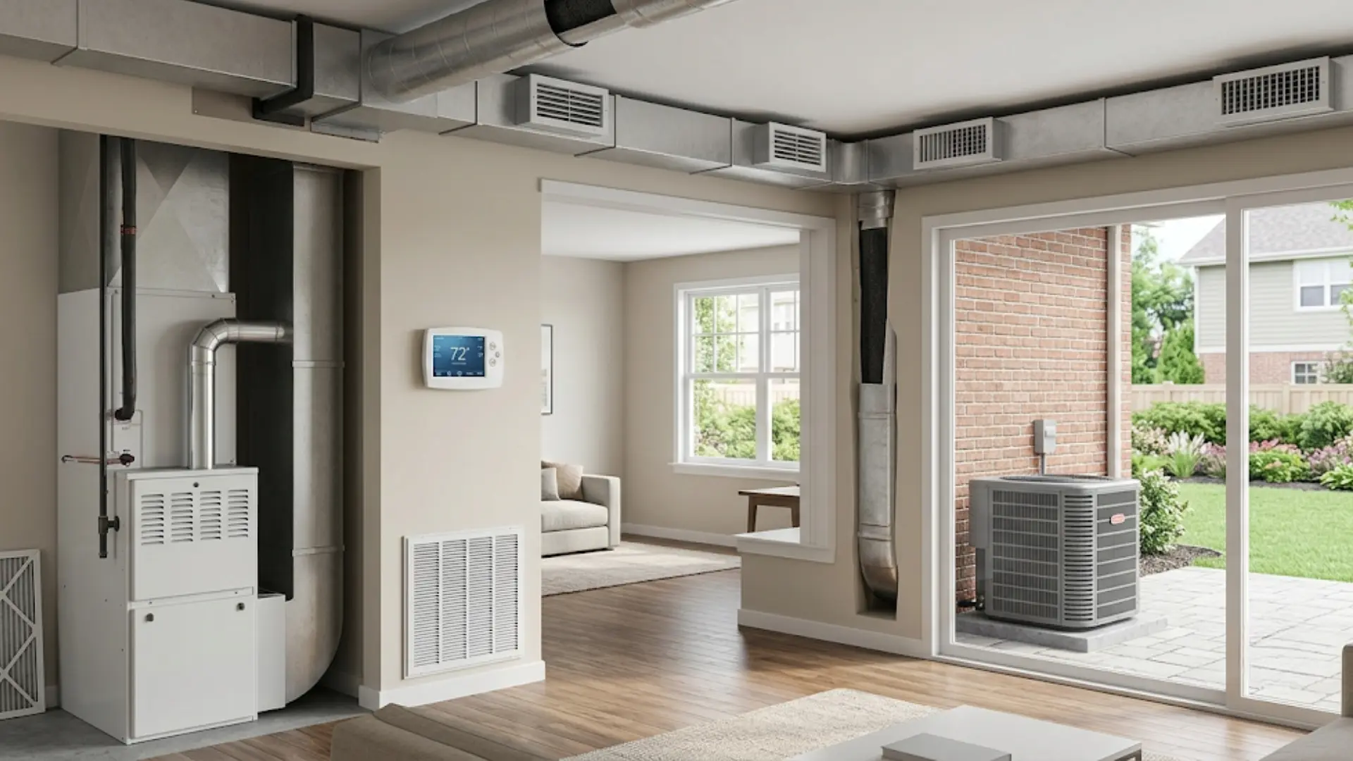 eye-level view showing an indoor electric furnace, exposed ductwork, wall-mounted thermostat, and an outdoor AC unit through a window
