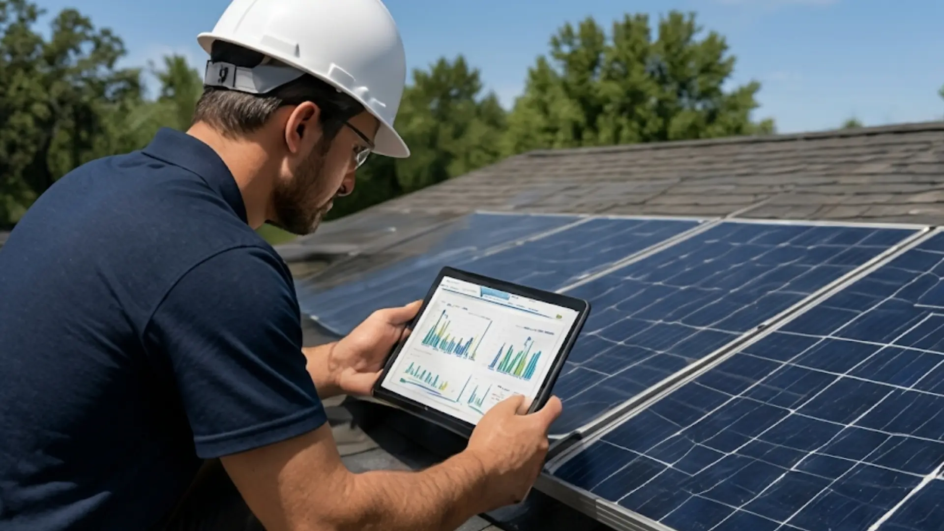 electrician wearing a hard hat inspects a rooftop solar panel system while analyzing performance data on his digital tablet