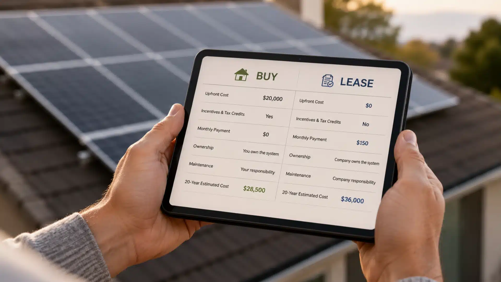 person holding a tablet comparing solar lease and solar purchase costs with rooftop solar panels visible in the background for homeowners