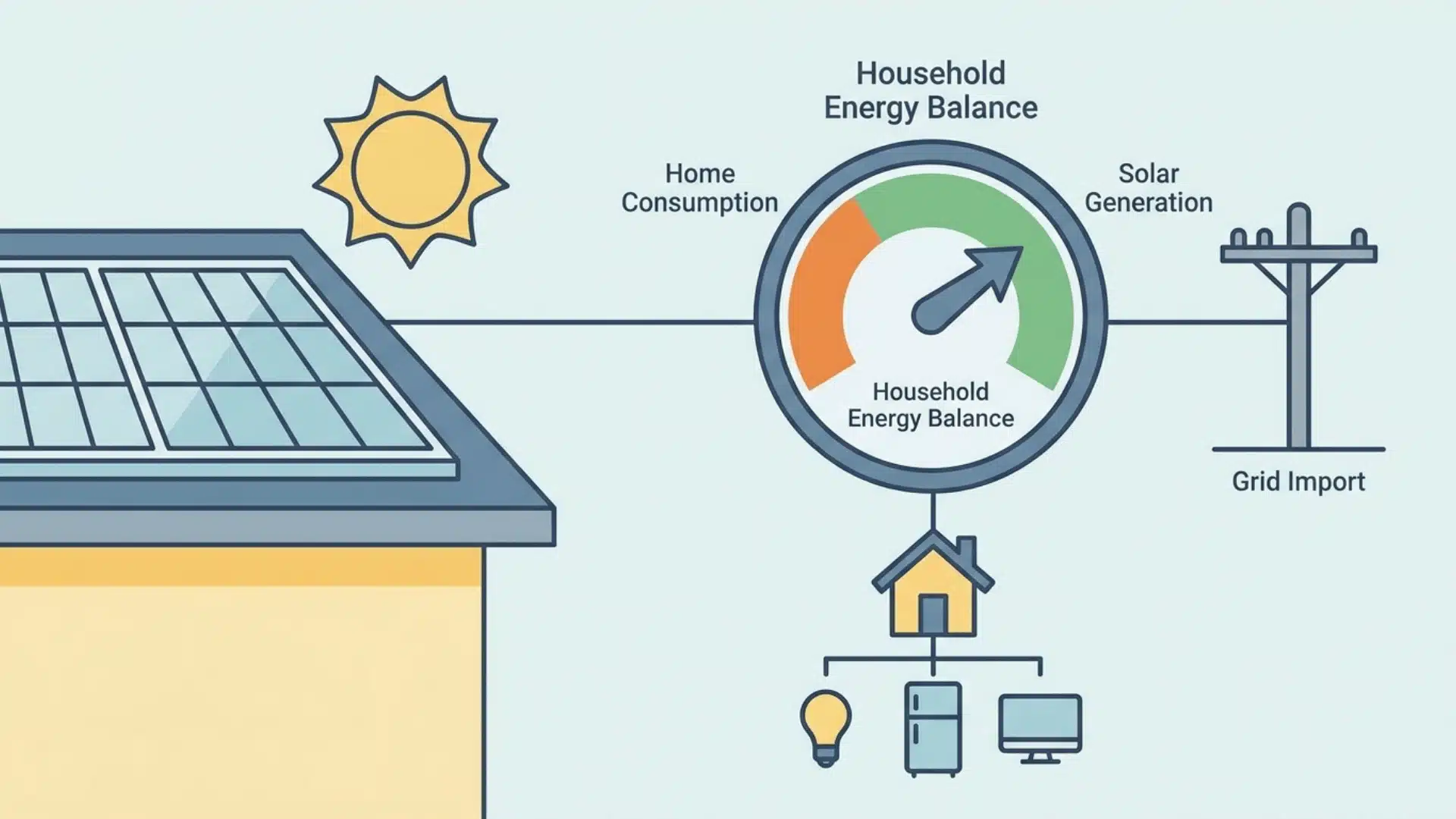 solar energy system balancing home electricity usage and generation shown through connected components