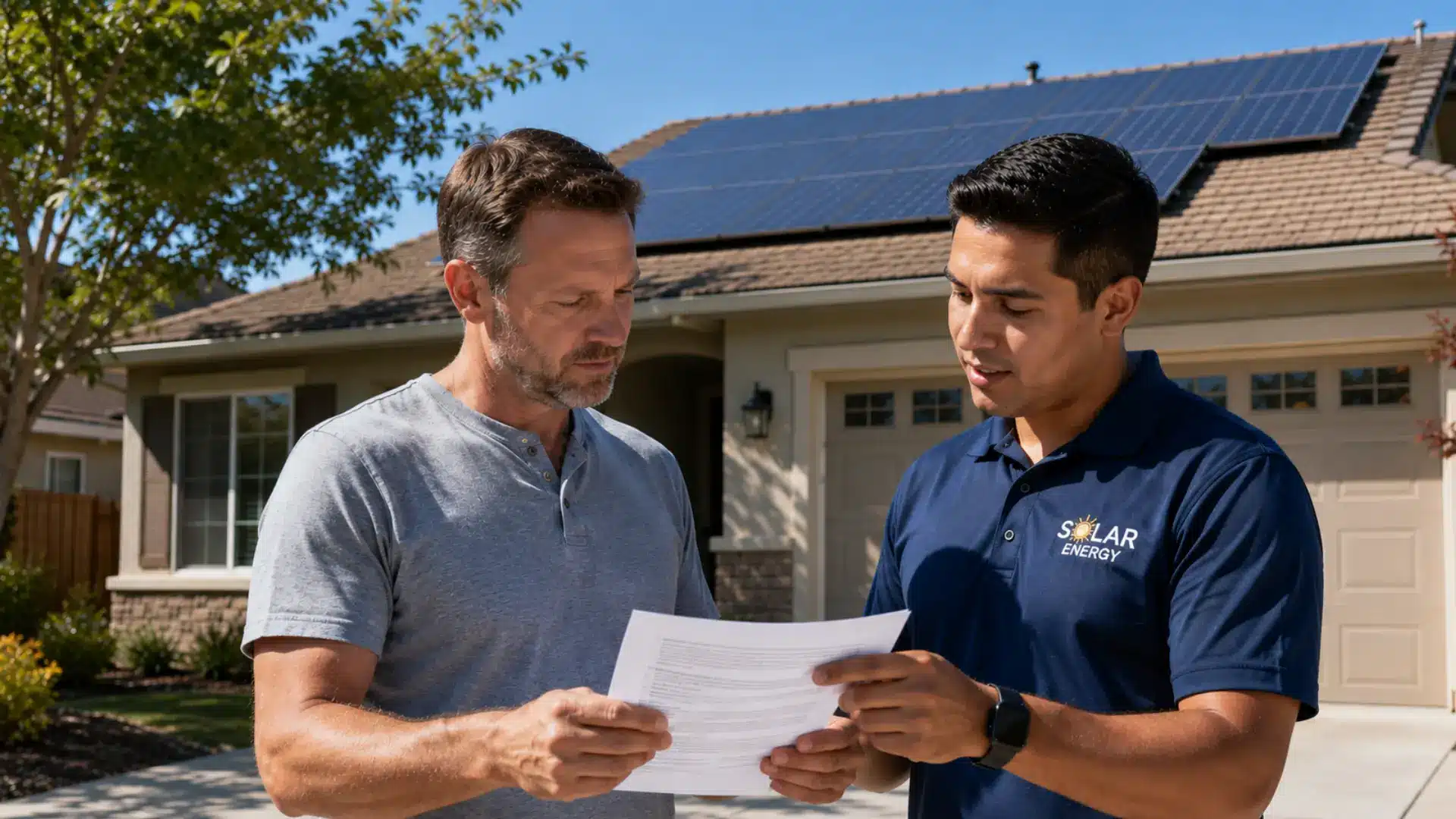 homeowner reviewing a solar lease with a technician