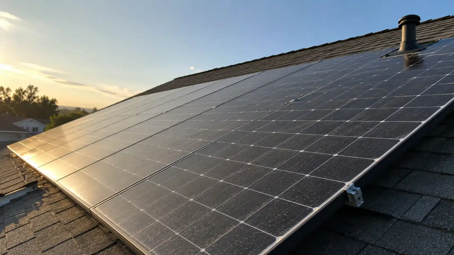 Rooftop solar panels reflecting late afternoon sunlight
