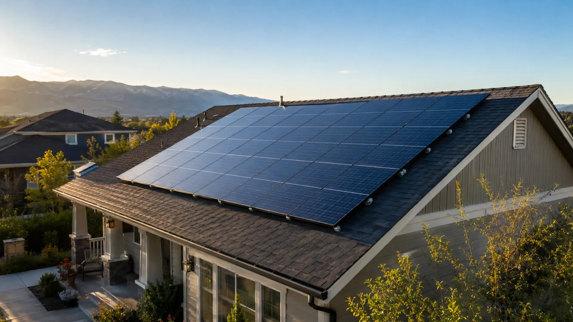 solar panels installed on a suburban home roof with mountains and clear blue sky behind them