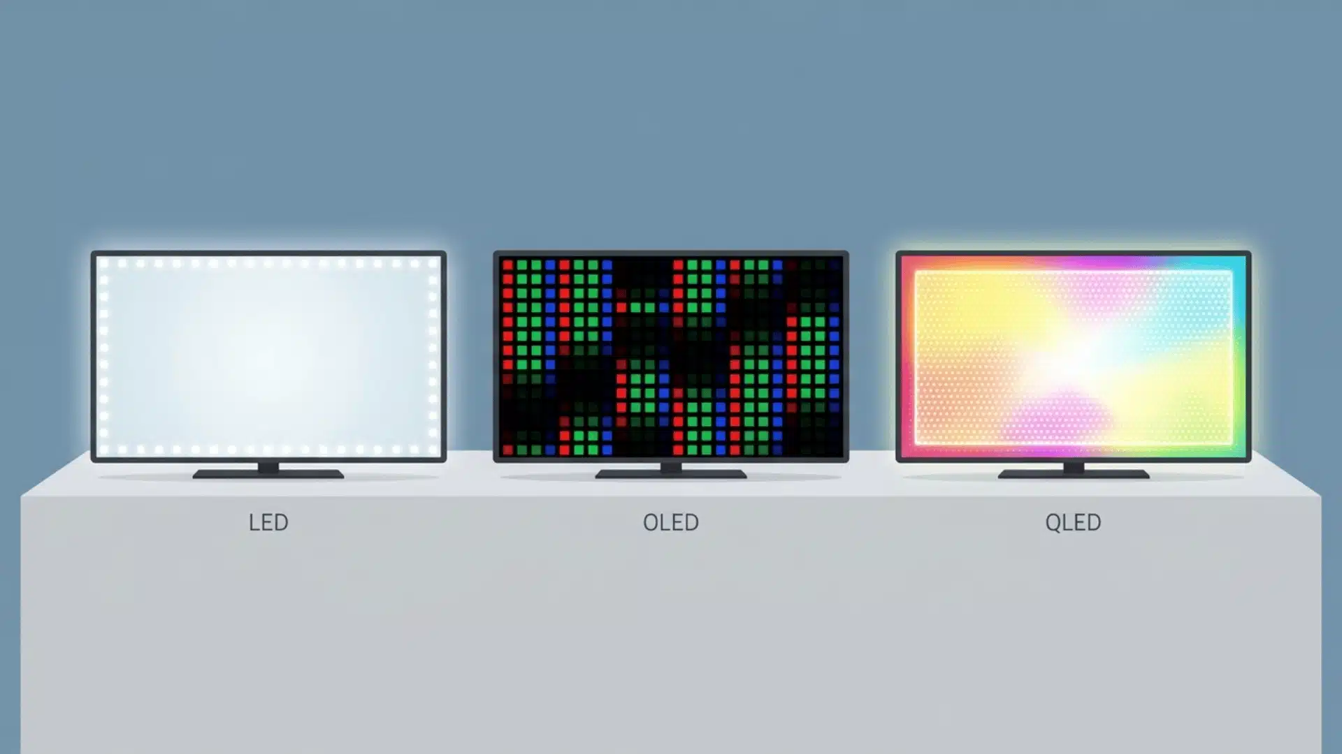 LED, OLED, and QLED TVs displayed side by side on a white pedestal, each screen illustrating its distinct backlighting technology
